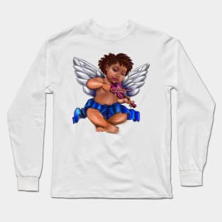 Black Angel playing the violin - Serene sun kissed curly haired Baby cherub angel classical art Long Sleeve T-Shirt